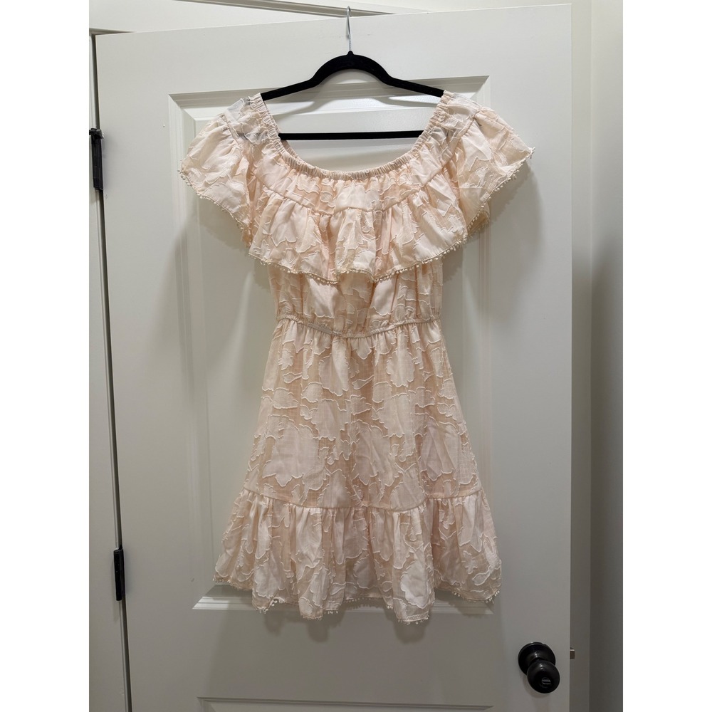 Do+Be Peach Floral Jacquard Off The Shoulder Ruffle Mini Dress Small